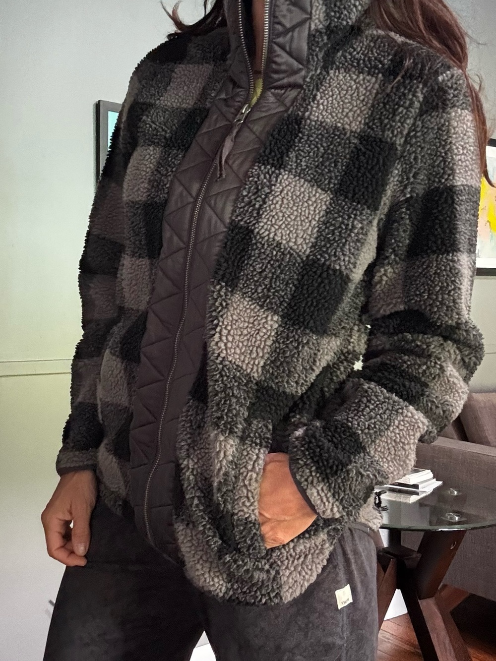 Abercrombie & Fitch Black and Gray Plaid Sherpa Teddy Jacket